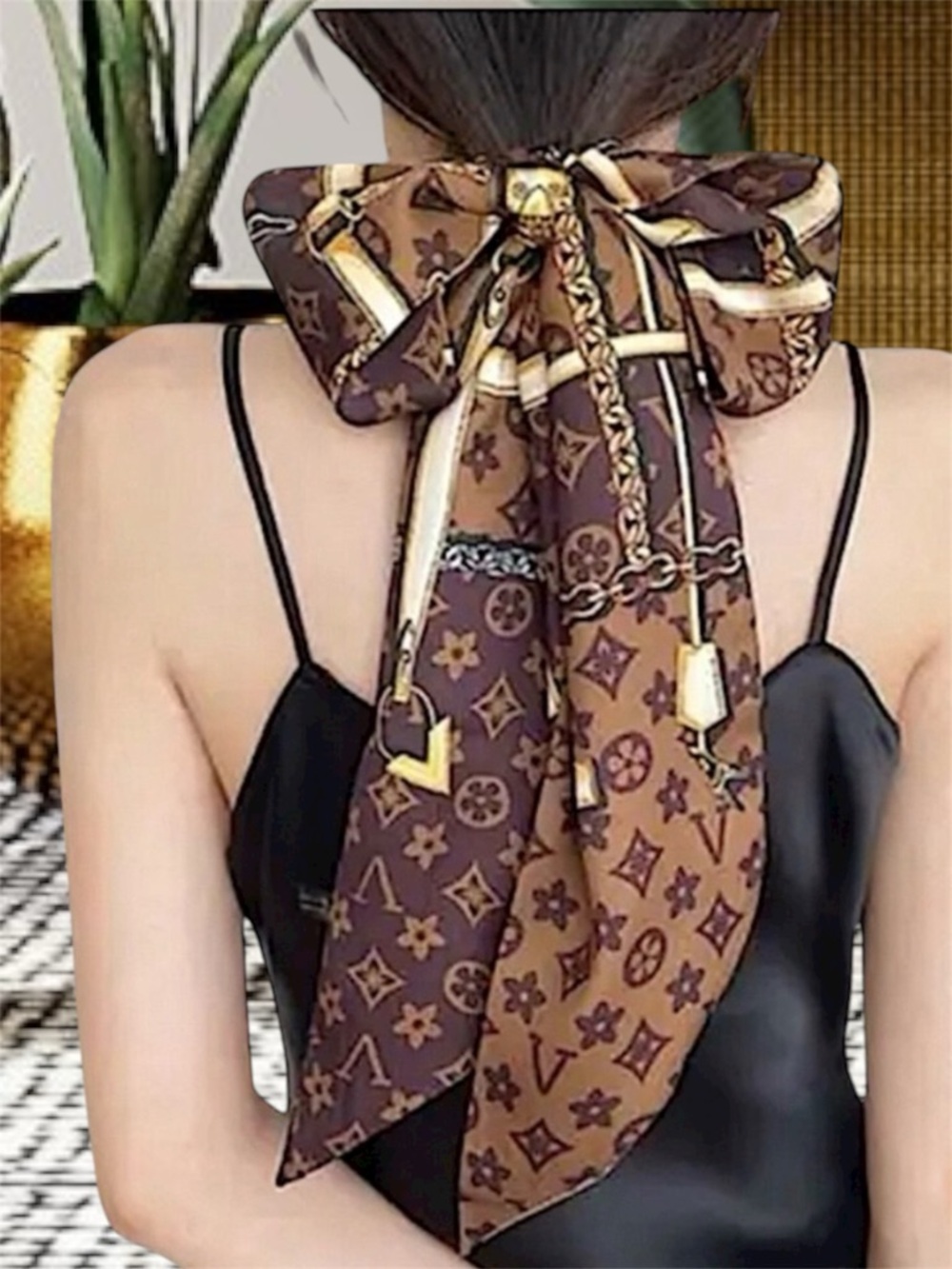 SCARF BANDEAU RIBBON TIE TWILLY HAIR ACCESSORY HEADBAND BROWN FLOWERS